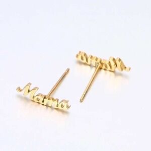 Gold Titanium Mama Nameplate Stud Earrings Script Font Dainty‎ Everyday Jewelry
